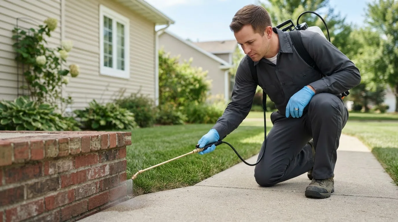Pest control technician treating a home near Robbinston, ME