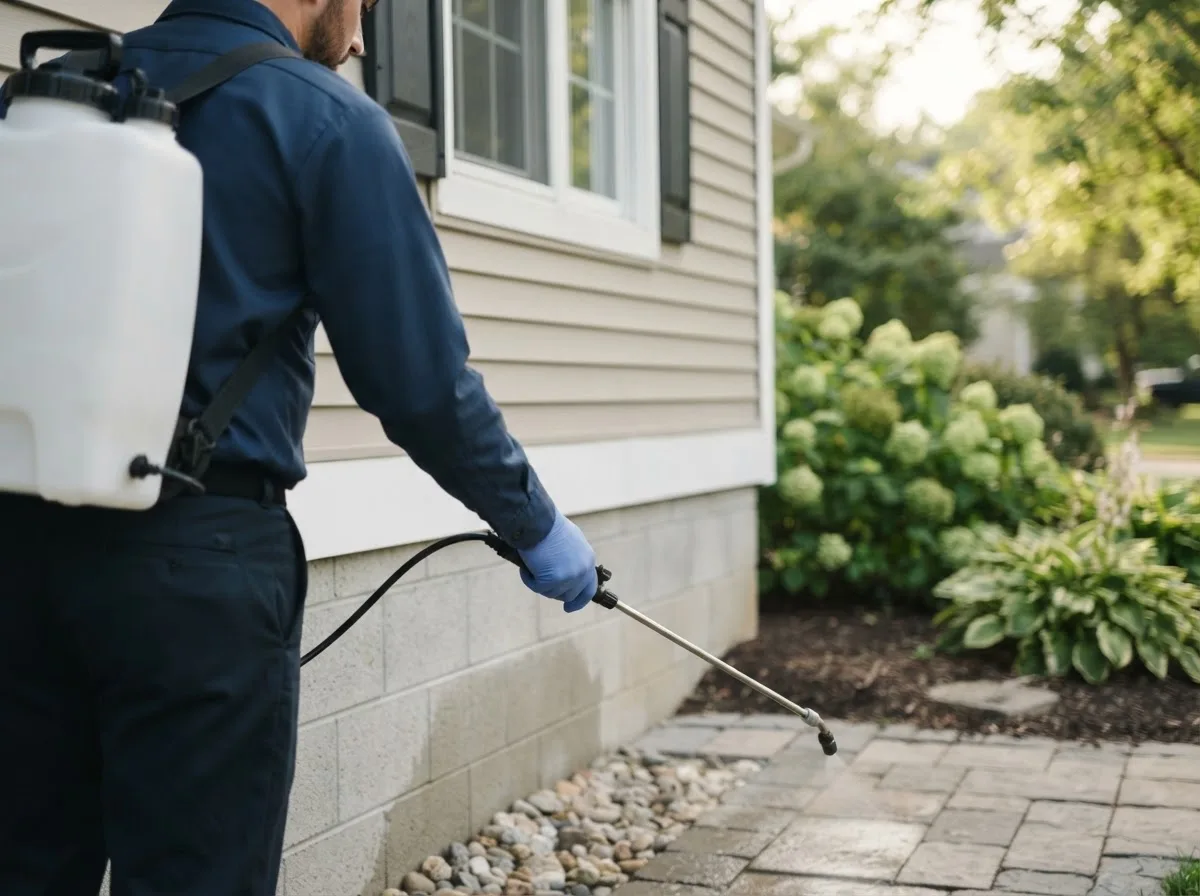 Pest control technician inspecting a home in Robbinston, ME